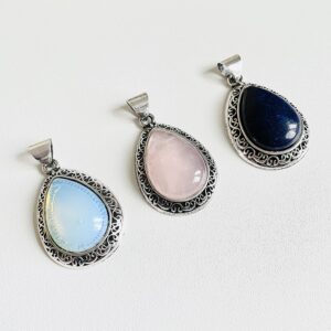 Teardrop shaped crystal pendants in Opalite, Rose Quartz & Lapis Lazuli.