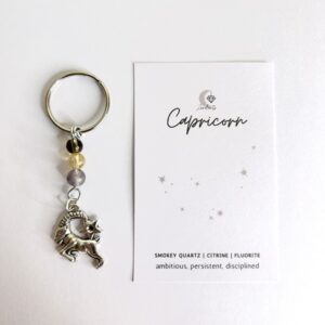Handmade crystal keyring with Capricorn charm and crystals.