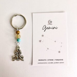 Handmade crystal keyring with Gemini charm and crystals.