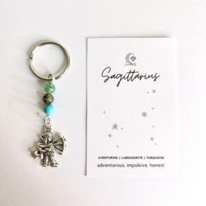 Handmade crystal keyring with Sagittarius charm and crystals.